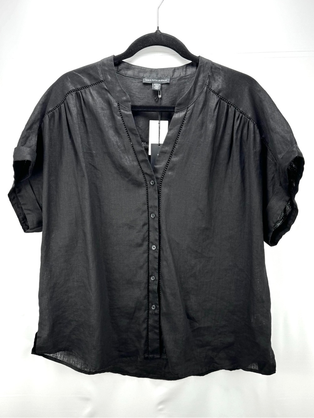 Saks Fifth Avenue Black Short Sleeve Button-Front Linen Shirt - Latter Stitched